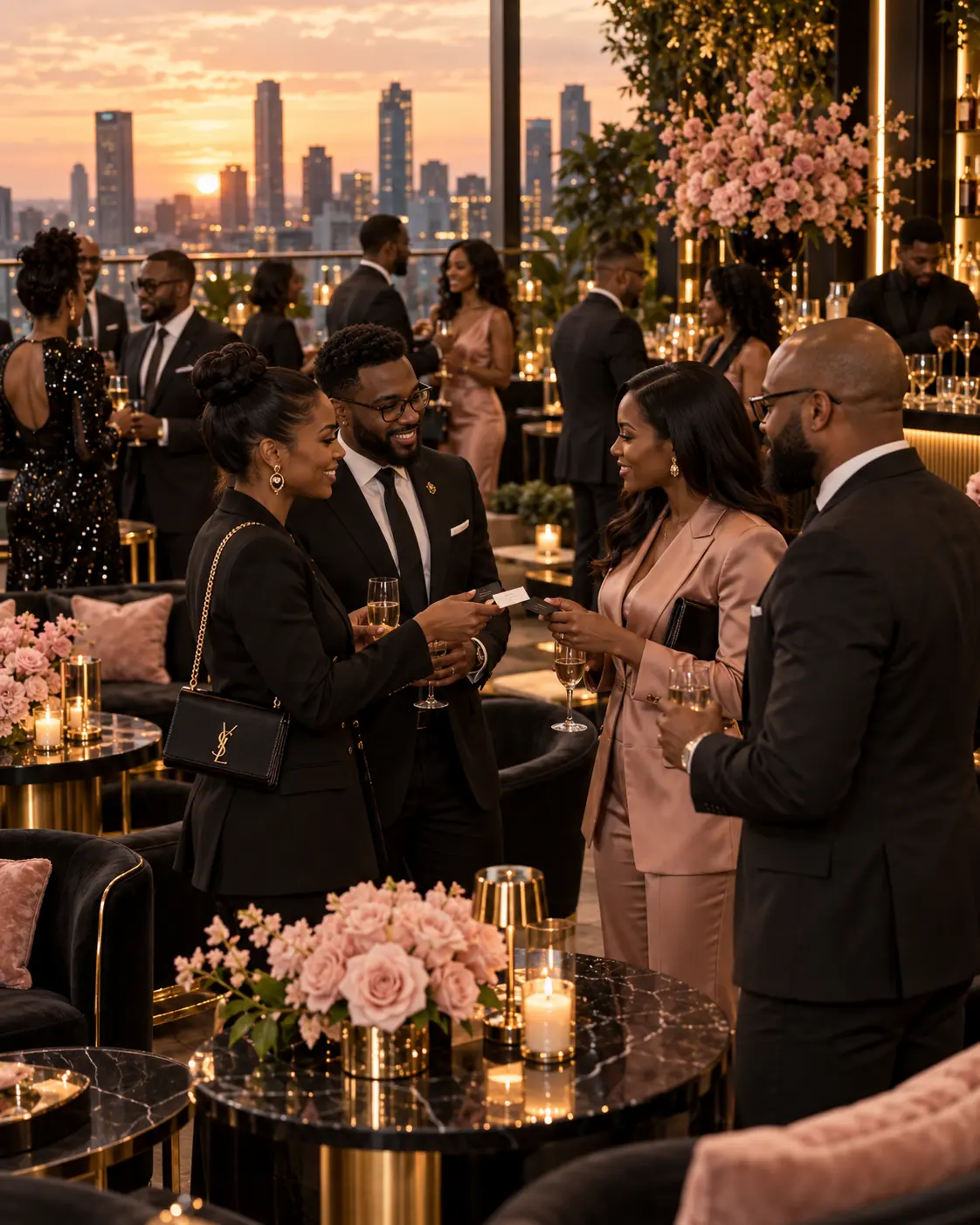 Rooftop reception at sunset with guests exchanging business cards over champagne and city skyline behind