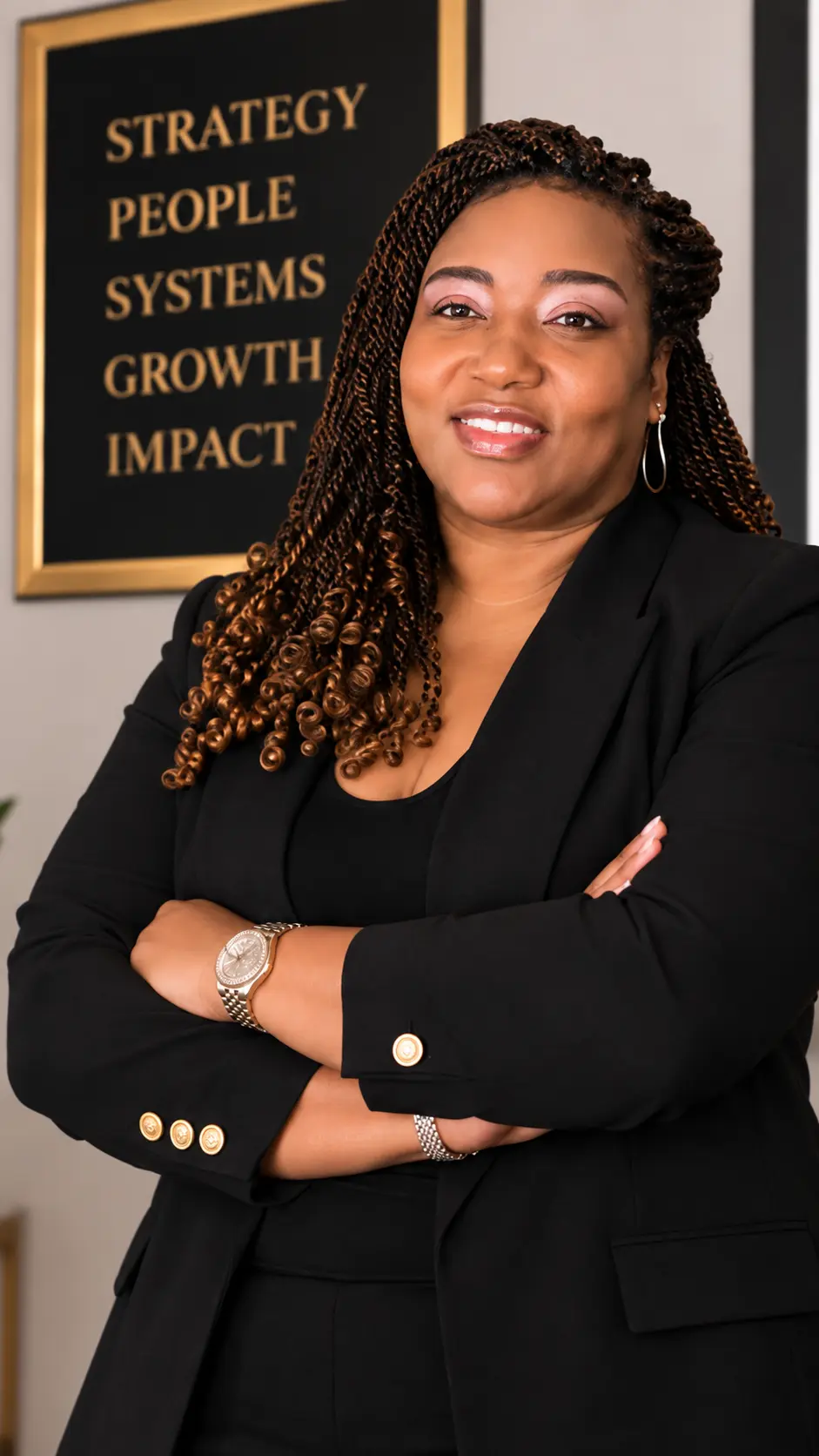 Yaschica Agoro, business strategist, in front of a Strategy, People, Systems, Growth, Impact statement