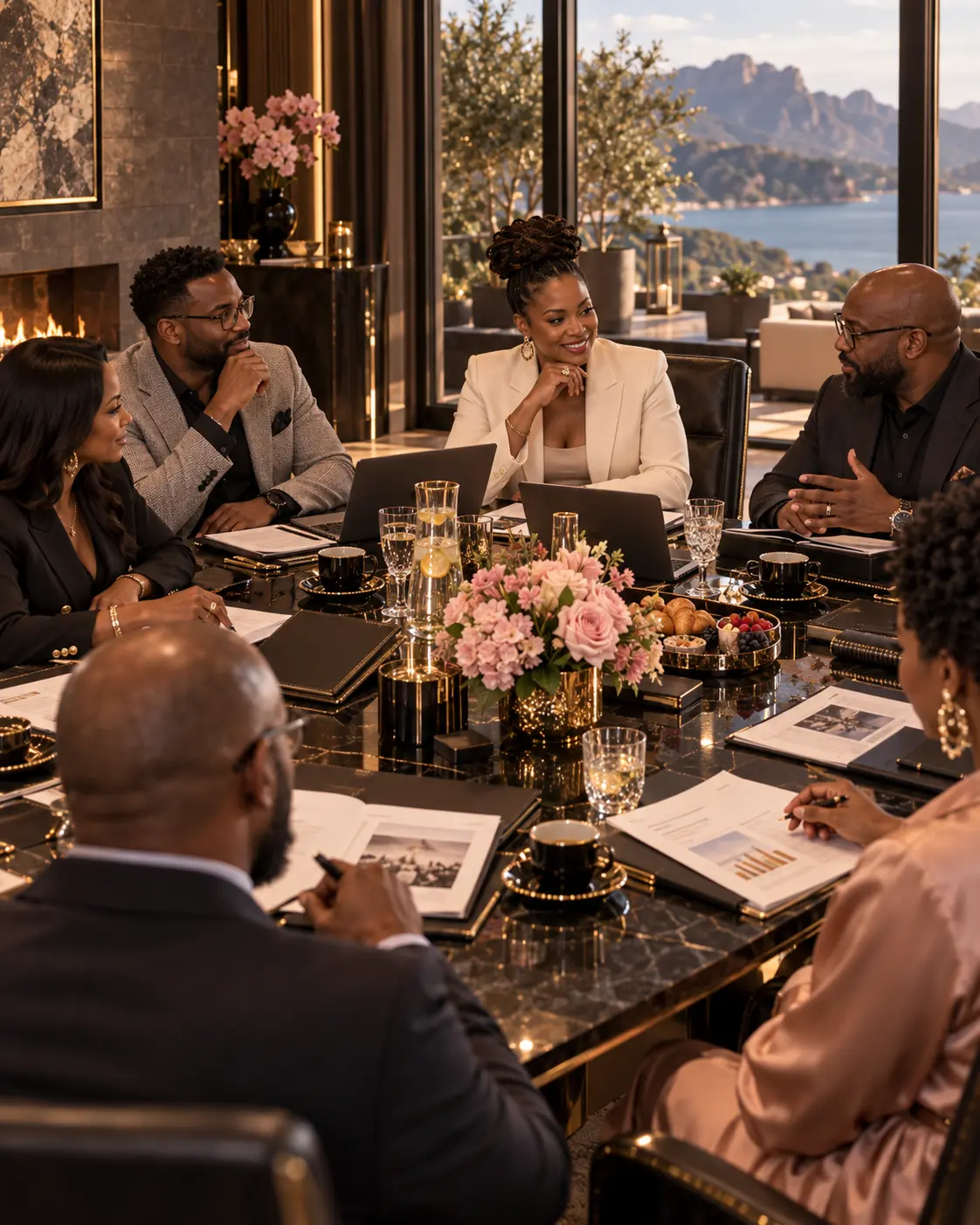 Leadership retreat strategy meeting at a marble table with lake and mountain view