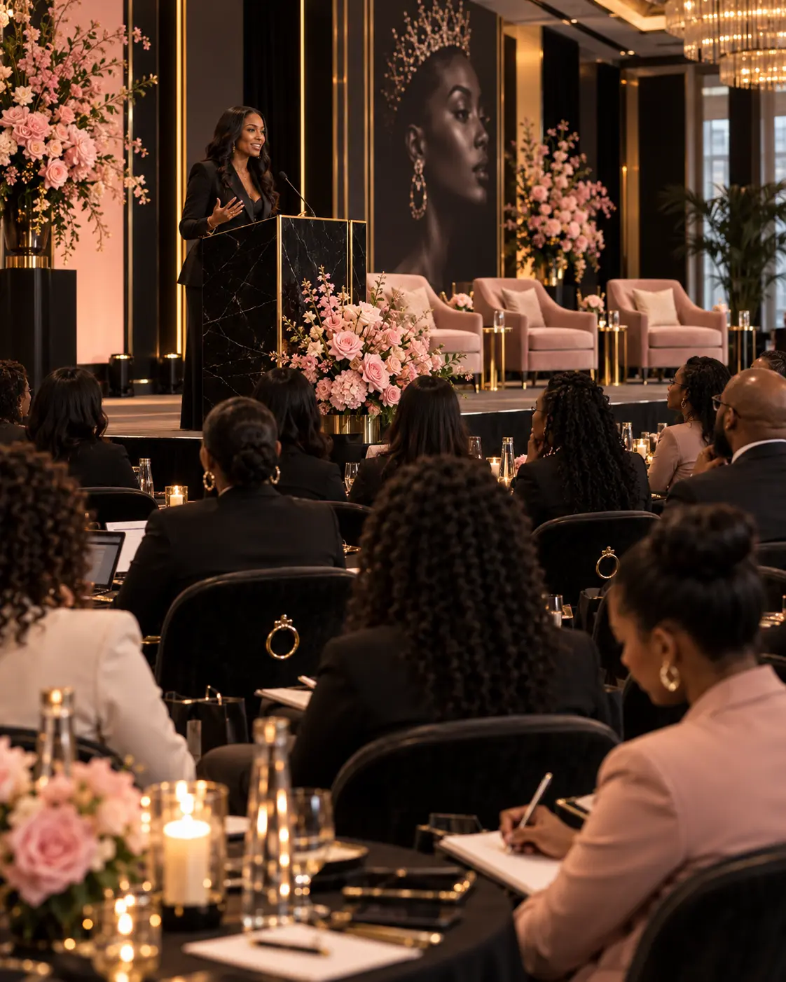 Women's leadership conference with a speaker at a marble podium and attendees taking notes