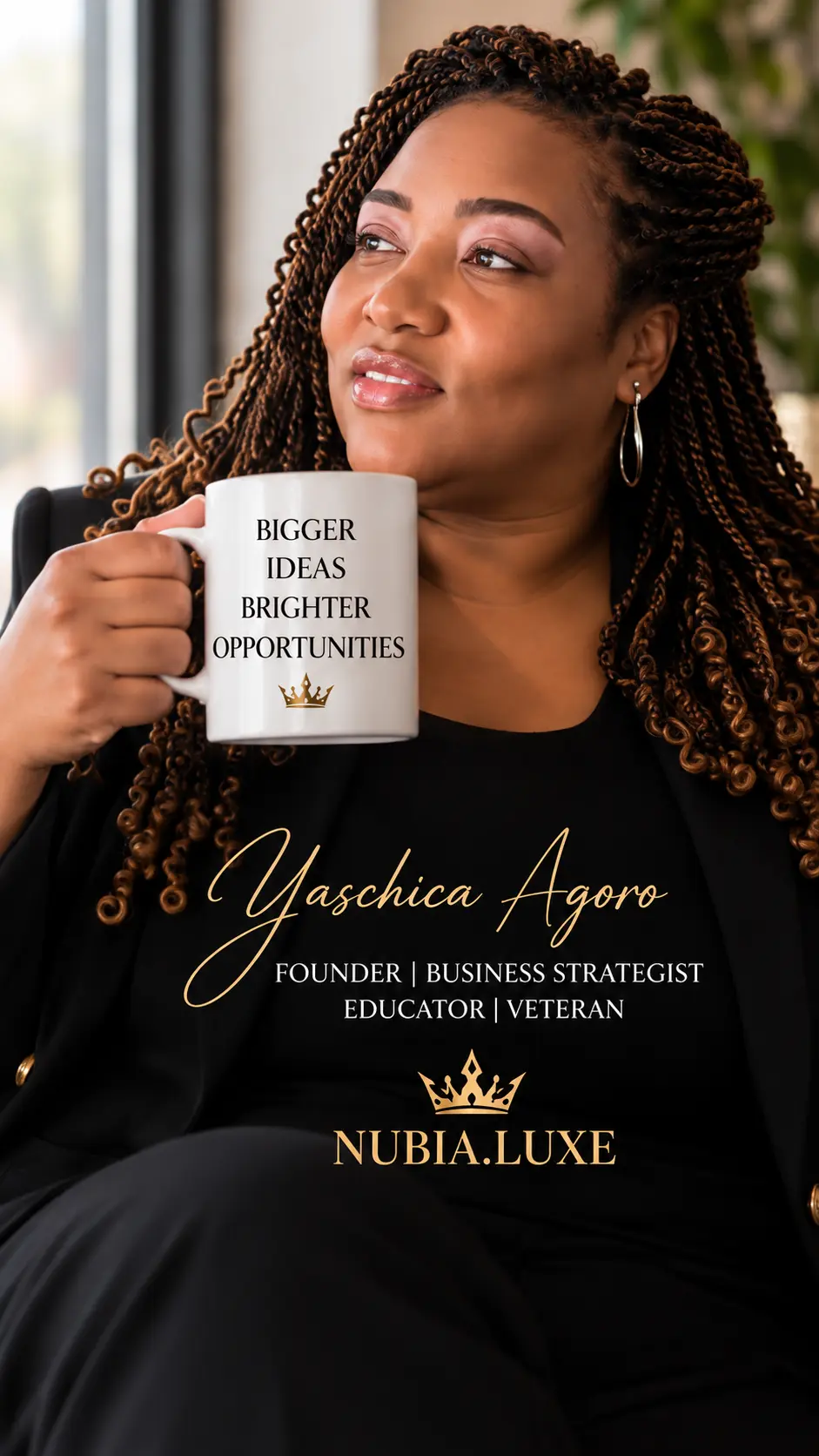 Yaschica Agoro holding a Bigger Ideas, Brighter Opportunities mug