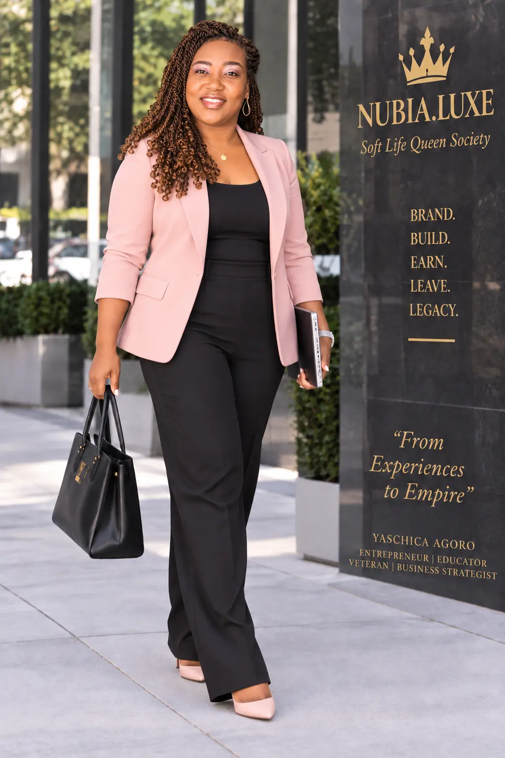 Yaschica Agoro walking past a From Experiences to Empire monument sign