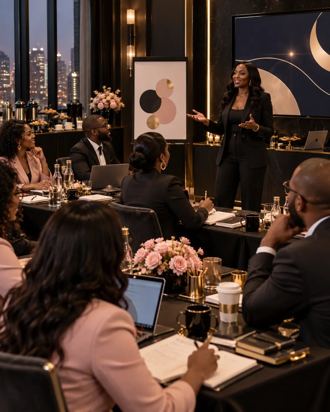 Executive boardroom session with a woman presenting to seated leaders at a candlelit table
