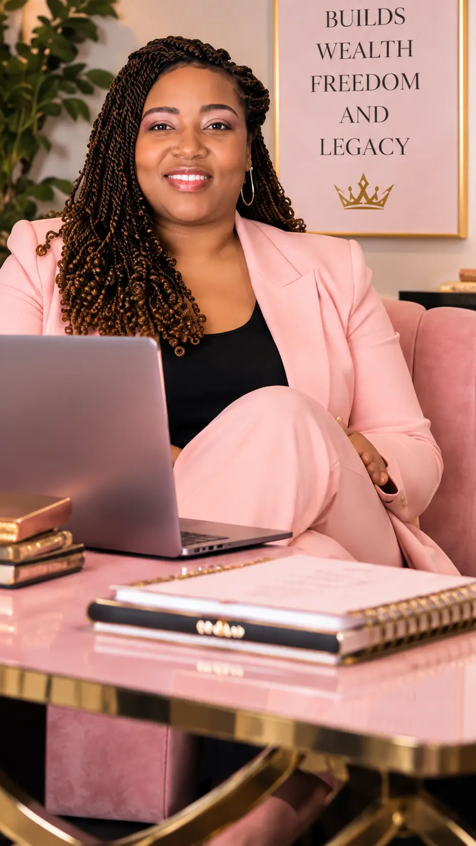 Yaschica Agoro in a pink executive suit beside artwork reading Builds Wealth, Freedom and Legacy