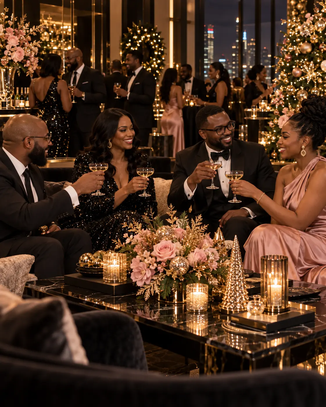 Elegant corporate holiday celebration with guests toasting champagne beside a lit tree and city skyline