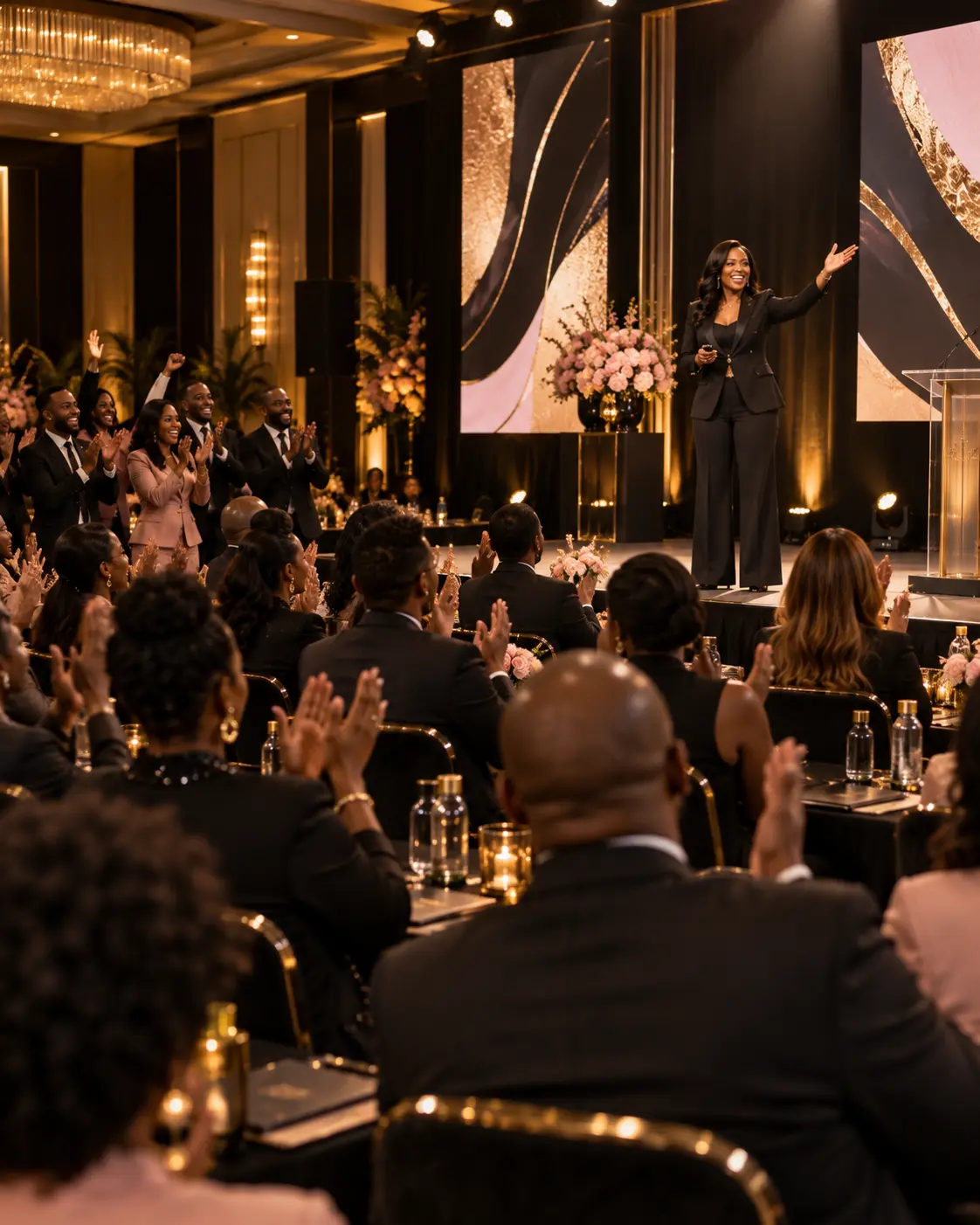 Keynote speaker on a gold-lit ballroom stage receiving a standing ovation from a seated audience