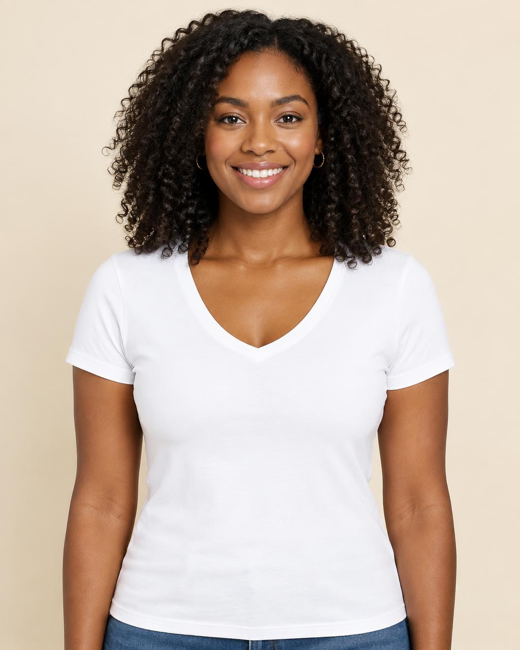 Woman wearing a ladies’ v-neck tee